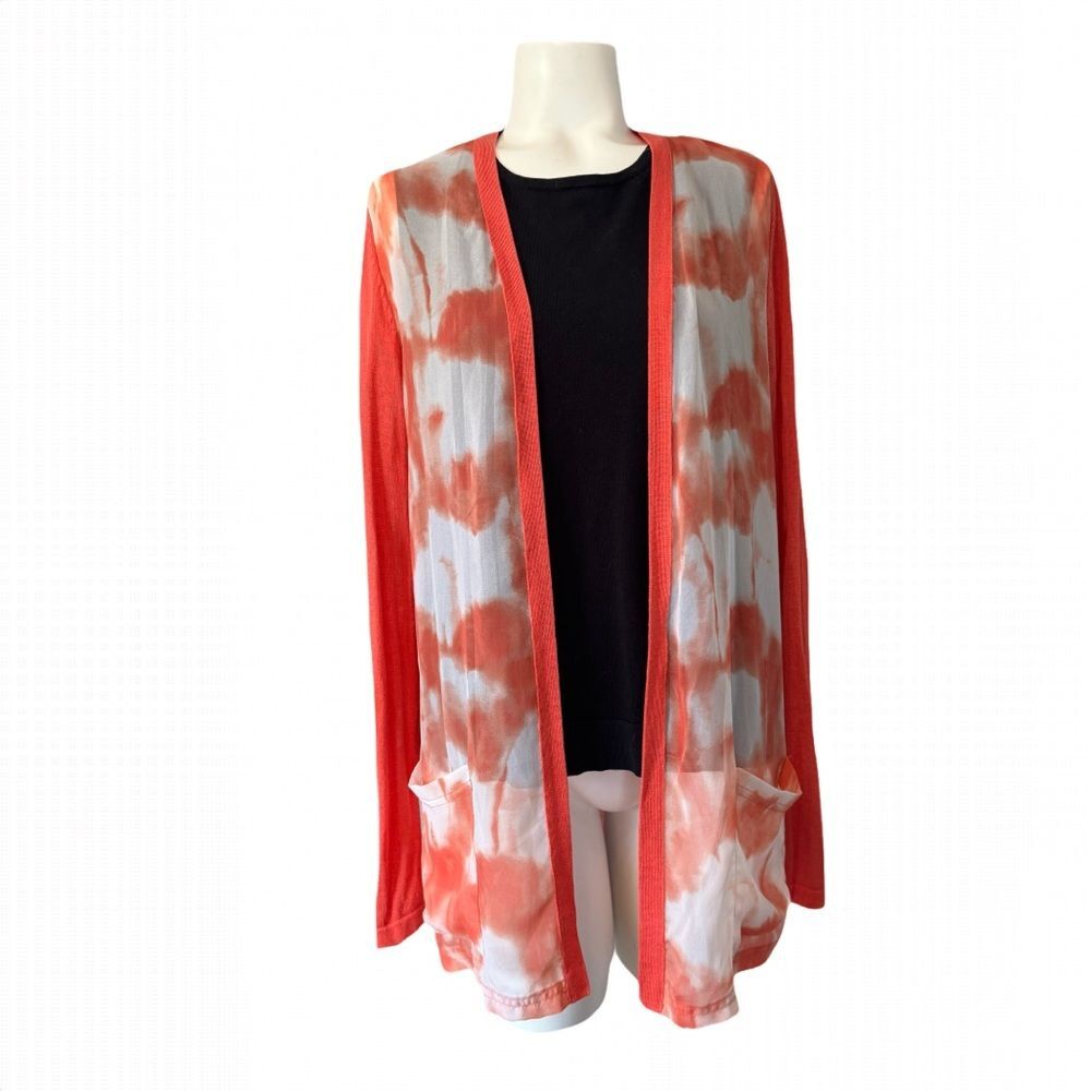 Chico's Orange and White Watercolor Print Cardigan 2 12 L Large